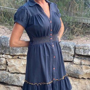 Vintage Western Button Front Denim Dress | Smocked Waist | Ruffle Hem Size 0X